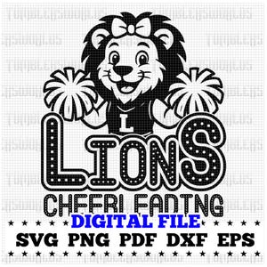 Lions cheerleading svg mascot cut file for cricut and sublimation, cute lion cheer team logo for school spirit shirt png eps dxf pdf