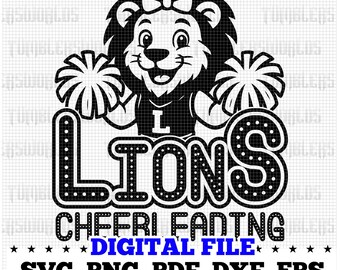 Lions cheerleading svg mascot cut file for cricut and sublimation, cute lion cheer team logo for school spirit shirt png eps dxf pdf