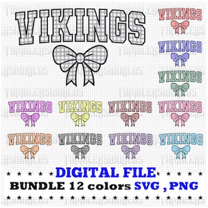 Puede incluir: Un paquete de archivos digitales con la palabra "VIKINGS" en varios colores y diseños de lazo. También se incluye el texto "DIGITAL FILE" y "BUNDLE 12 colors SVG, PNG". Ideal para proyectos de manualidades.
