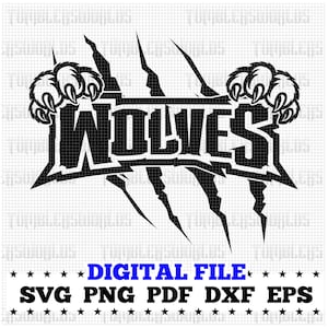 Puede incluir: Diseño digital en blanco y negro con la palabra "WOLVES" en negrita, acompañada de garras y huellas de patas. El texto "DIGITAL FILE" está en azul, con formatos de archivo debajo.