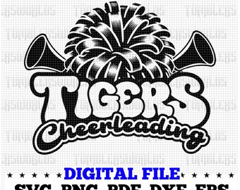 Pode incluir: Design digital em preto e branco com um pompom de líder de torcida, dois megafones e o texto "TIGERS Cheerleading".