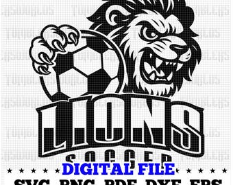 Lions soccer mascot svg with fierce lion holding ball, school team design for shirts, cricut crafts, svg png eps pdf digital download