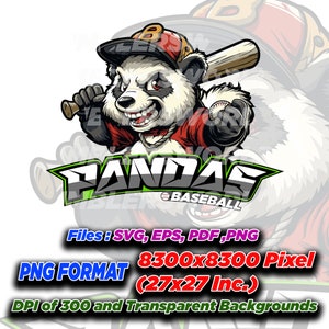 Diseño de mascota de béisbol Panda para camisetas escolares y personales, mascota Panda, equipo de béisbol, descarga de archivos digitales Eps, PNG, SVG, PDF