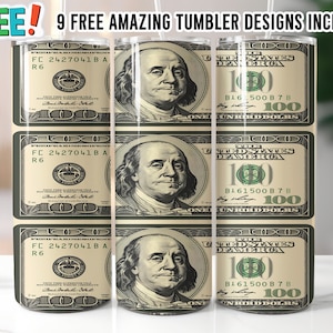 Papier d'emballage pour gobelet à 100 dollars, design de gobelet à sublimation mince 20 oz, design de gobelet à sublimation dollar, téléchargement PNG | Cartes 12 styles gratuites HBD