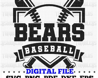 Pode incluir: Logotipo de beisebol preto e branco com a palavra "BEARS" e o texto "BASEBALL" abaixo. O logotipo apresenta dois bastões de beisebol cruzados e uma bola de beisebol.