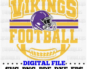 May include: A digital file for a design featuring the words "Vikings Football" in yellow with a purple and white football helmet graphic. The design is perfect for creating crafts, apparel, and other projects.