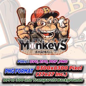 May include: A cartoon monkey wearing a red baseball cap with a white letter "B" on it, holding a baseball bat and a baseball. The monkey is smiling and has a mischievous look on its face. The text "MonkeyS" is written in a bold font with a baseball graphic below it. The text "BASEBALL" is written below the baseball graphic. The text "Files: SVG, EPS, PDF, PNG" is written below the baseball graphic. The text "8300x8300 Pixel" is written below the text "Files: SVG, EPS, PDF, PNG". The text "PNG FORMAT" is written below the text "8300x8300 Pixel". The text "(27x27 Inc.)" is written below the text "PNG FORMAT". The text "DPI of 300 and Transparent Backgrounds" is written below the text "(27x27 Inc.)".