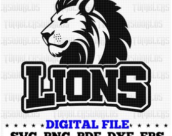 May include: Black and white graphic design of a lion's head with the word "LIONS" in a bold, blocky font.