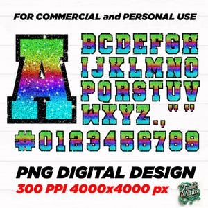 Glitter Sport Alphabet png - Rainbow and Black Glitter Alphabet - png Print File For Sublimation Or Print - Distressed - Download