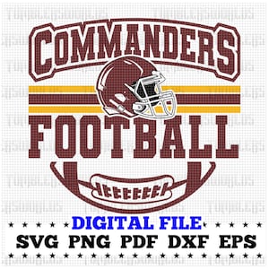 Puede incluir: Un archivo digital para un diseño con las palabras "Commanders Football" en granate y dorado con un gráfico de casco de fútbol. El diseño es perfecto para crear ropa personalizada, manualidades y mucho más.