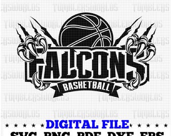 May include: Black and white digital design featuring a basketball with the word "FALCONS" above "BASKETBALL" on a banner. The design includes claw marks on either side of the basketball. The text "DIGITAL FILE" is in blue, with file type options below.