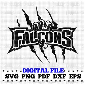 May include: A black and white graphic design with the word "Falcons" in a stylized font, accompanied by claw marks and a claw print. The text "DIGITAL FILE" and file formats SVG, PNG, PDF, DXF, and EPS are displayed below the design.
