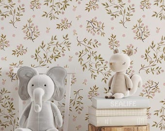 Papel pintado vintage con ramitas florales, diseño cottagecore extraíble, despegable y adhesivo, o tradicional, regalo para habitación infantil.