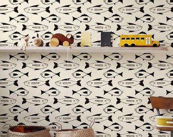Fish Pattern Wallpaper: Nautical, Minimal, Scandinavian, Coastal Decor. Peel and Stick or Traditional Wallpaper