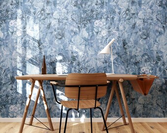 Blue Floral Peel and Stick Wallpaper: Vintage Botanical Mural
