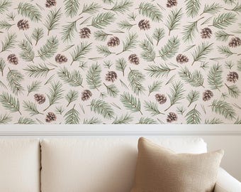 Pine Branches & Cones Wallpaper, Peel Stick or Traditional, Woodland Botanical Pattern - Cozzy Decor