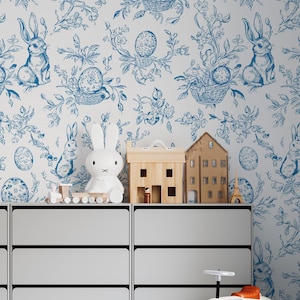 Easter Toile Wallpaper – Blue Bunny & Egg Vintage Mural – French Country Nursery Peel and Stick Wallpaper – Spring Floral Wall Decor