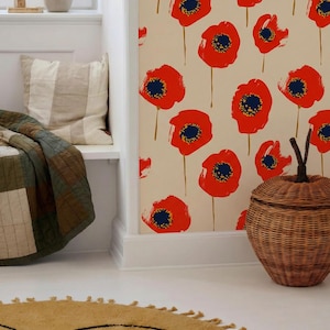 Red Poppy Floral Wallpaper, Large Scale Retro Peel and Stick Accent Wall Decor