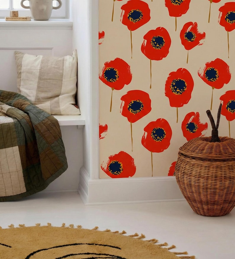 Red Poppy Floral Wallpaper, Large Scale Retro Peel and Stick Accent ...