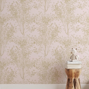 Blush Pink Botanical Wallpaper: elegante lijntekeningen bladgoud, verwijderbaar