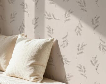 Neutral Botanical Line Art Wallpaper – Peel and Stick or Paste the Wall, Hand-Drawn Leaf Sprigs on Warm Beige - Botanical Sketch