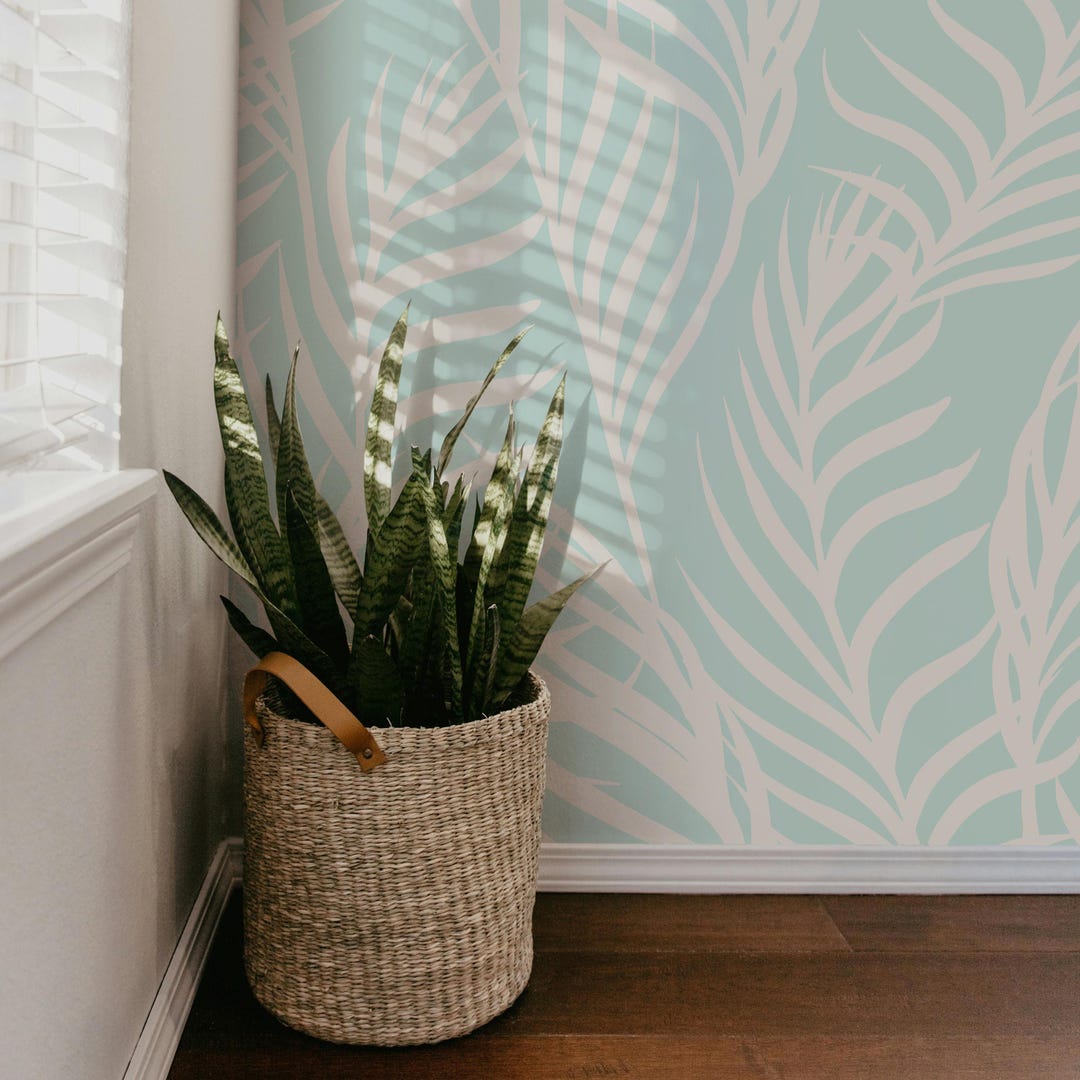 Aqua Tropical Palm Leaf Wallpaper - Coastal Peel and Stick - Etsy