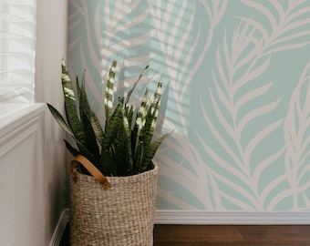 Aqua Tropical Palm Leaf Wallpaper - Coastal Peel and Stick