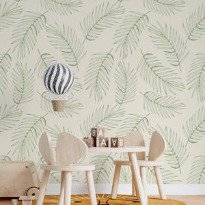 Green Palm Leaves Wallpaper – Minimalist Botanical Wall Mural – Tropical Leaf Pattern Peel and Stick – Neutral Greenery Wall Decor