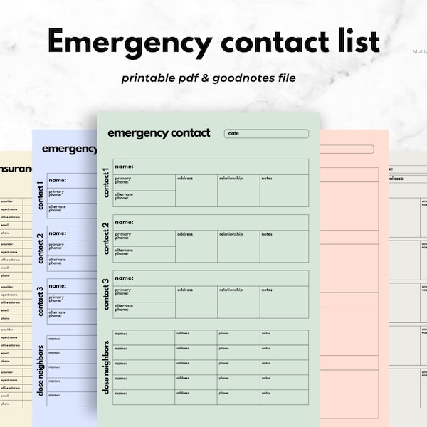 Emergency Contact List for Personal & Family Use: Organize Essential Contacts, Digital goodnotes + printable,  7 Customizable PDF Files