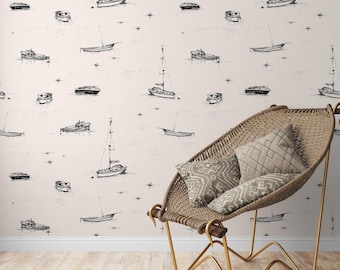 ヴィンテージ航海壁紙壁画：海辺のボートスケッチ、剥がして貼れる