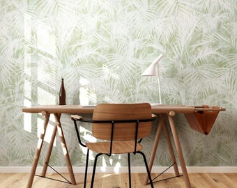 Airy Palms Wallpaper – Light Tropical Peel and Stick Wall Mural – Sage Green Palm Leaf Design – Removable & Traditional Wallpaper Options