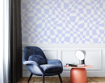 Pastel Purple Checkered Wall Mural: Groovy Wavy Pattern Peel & Stick