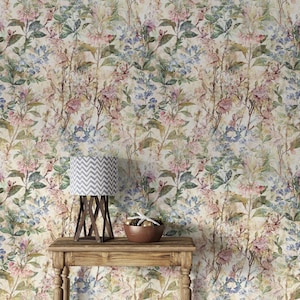 Carta da parati vintage con affresco botanico – Carta da parati floreale ad acquerello staccabile e attaccabile – Decorazione da parete per giardino antico – Opzioni tradizionali e rimovibili
