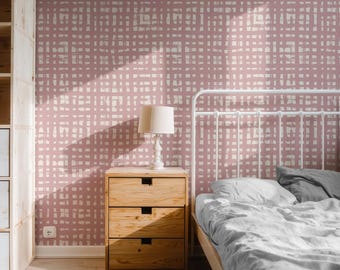 Handpainted Grid Wallpaper - Dusty Pink Plaid, Peel & Stick or Paste-the-Wall - Children bedroom decor