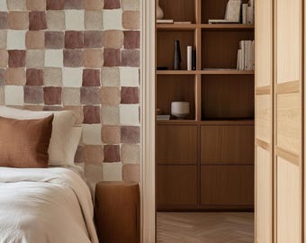 Terracotta Checkerboard Wallpaper – Watercolor Squares, Peel and Stick or Traditional