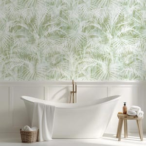 Delicate Floral Palms Wallpaper – Light Sage Green Leaves in Airy Botanical Pattern – Removable & Traditional Wall Mural - Tropical Mural