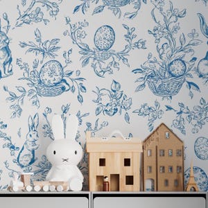 Vintage Bunny Wallpaper – Blue Toile de Jouy Wall Mural with Rabbits & Florals – Nursery or Kids Room Decor