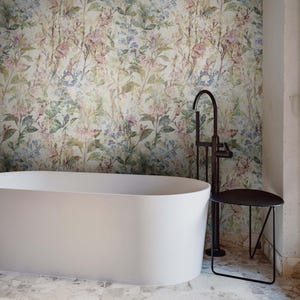 Vintage Garden Wallpaper – Watercolor Floral Mural in Soft Cottagecore Style – Watercolor Floral Peel and Stick Mural – Antique Garden Mural