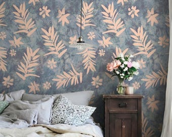 Teal Botanical Wallpaper: Pink Tropical Leaves, Abstract Floral (Peel & Stick/Traditional)