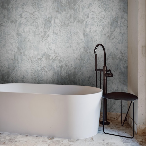 Elegant Damask Peel and Stick Wallpaper Mural: Soft Grey Baroque Ornament
