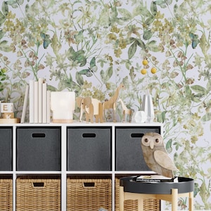 Soft Botanical Wallpaper – Watercolor Green & Yellow Wildflowers Wall Mural for Bathroom Spa Spaces Watercolor Floral Wall Mural