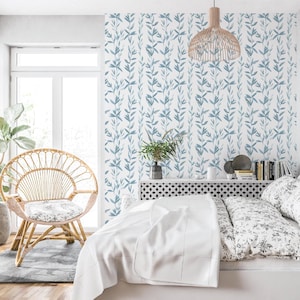 Blue Botanical Wallpaper – Watercolor Leaf Pattern for Bedroom or Nursery – Peel and Stick Removable Wall Decor Mural
