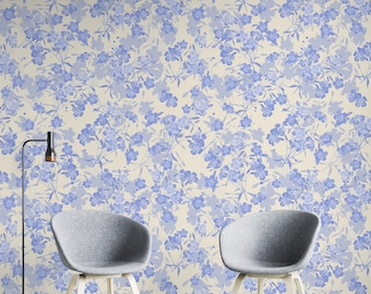 Vintage-Inspired Blue Floral Wallpaper Mural: Romantic Botanical Pattern