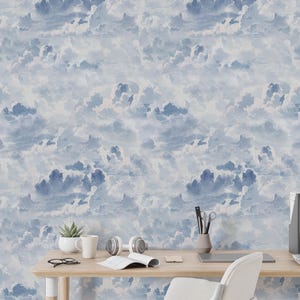 Carta da parati Nuvole Blu – Carta da parati murale staccabile e attaccabile con cielo acquerello – Decorazione murale con nuvole da sogno – Opzioni di carta da parati rimovibili e tradizionali