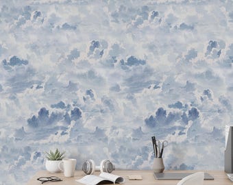 Blue Clouds Watercolor Wallpaper Mural: Peel and Stick or Traditional