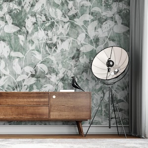 Carta da parati con silhouette botanica verde scuro, elegante murale minimalista per interni moderni, carta da parati rimovibile e tradizionale.