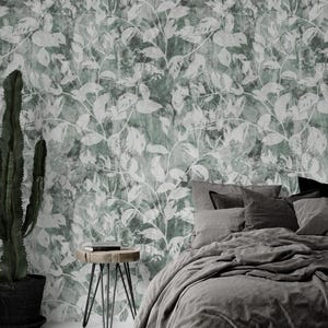 Bright Shabby Leaves Wallpaper – Vintage Botanical Peel Stick Wall Mural – Distressed Green Leaf Pattern – Removable & Traditional Wallpaper