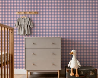 Dusty Lilac Gingham Wallpaper – Check Pattern - Peel & Stick or Traditional Paste - Purple Pink Textile