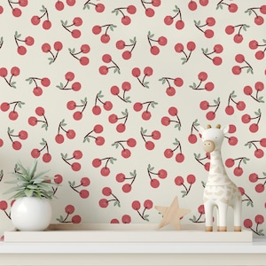 Cherry’s Wallpaper – Cute Red Cherry Peel and Stick Mural – Playful Fruit Pattern Wall Decor for Kids & Nurseries – Removable Wallpaper