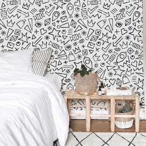 Griffonnage Abstrait Doodle Papier Peint | Motif dessin au trait noir blanc | Autocollant amovible